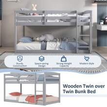 Lifezeal Twin Over Twin Low Bunk Bed With Guardrails Integrated Ladder Kids Wooden Grey/White/Beige/Pink - Grey - View 5