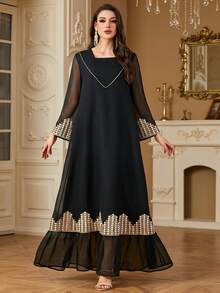 Women's Style Black Square Collar Long Sleeve Ribbon Patchwork Sequins Floral Trim Long Robe, Modest Kaftan - Black - View 5