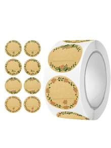 1-Inch 500pcs Brown Kraft Paper Round Stickers, Vintage Floral Design - 4 Unique Style Blank Kraft Paper Labels Rolls For Writing On Durable Dot Sticker Jars