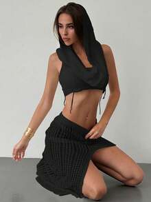 European And American Style Fashion Hooded Sleeveless Cropped Solid Color Knit Sweater For Spring & Autumn - Black - View 2