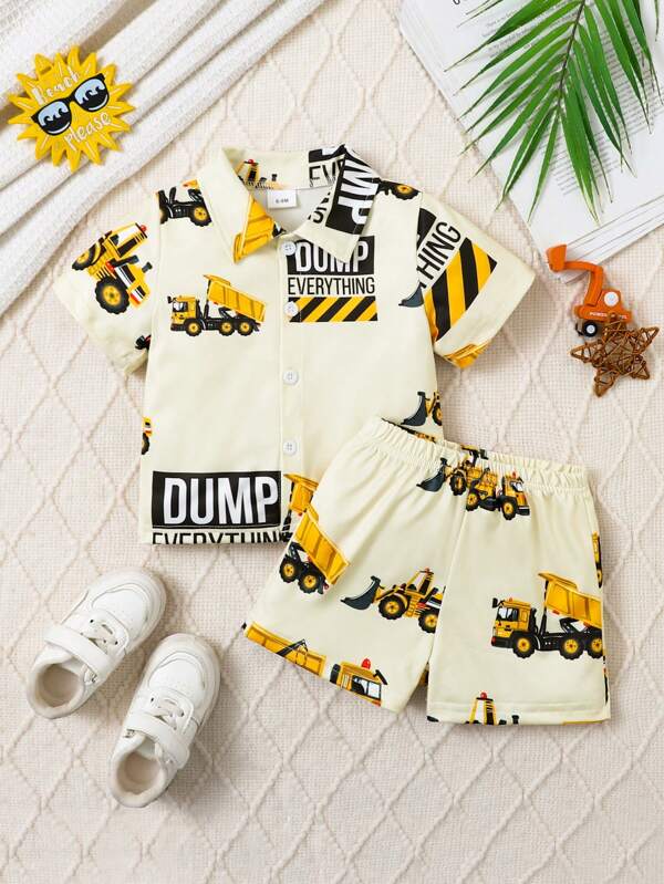 Baby Boy Clothing Cartoon Car Print Short Sleeve Top Long Pants Casual Cute Shirt Set - Stylish Outdoor Outfit