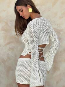 Váy mùa hè cho nữ Váy nghỉ lễ bãi biển gợi cảm mới mùa xuân hè đan móc cho nữ Cổ chữ V khoét sâu Tay dài buộc sau lưng Áo len gợi cảm cho nữ Bộ hai mảnh, Phụ nữ cho kỳ nghỉ, Kỳ nghỉ bãi biển - trắng - Xem 5