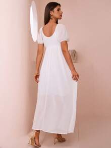 Women's Solid Color Short Sleeve Dress With High Waist, Summer - Apricot - View 6