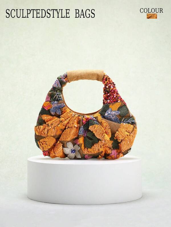 1 pieza Bolso con estilo esculpido - Colorido, patchwork de lentejuelas de PVC, malla, flor bordada, hoja, nube, patrón plisado, bolso de playa casual de verano para mujeres