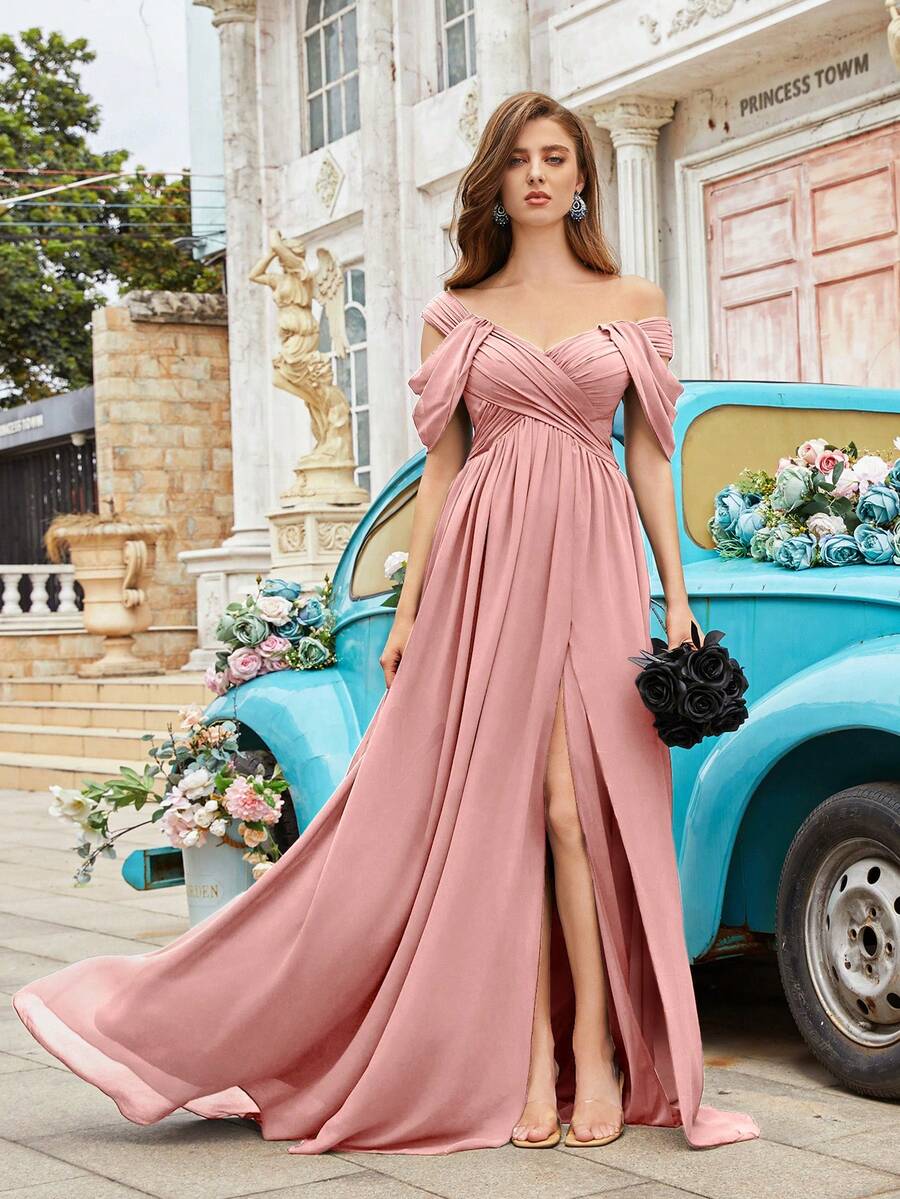 QOQ Glamorous Goddess Summer Formal Dress Women Party Gown Birthday Dresses For Evening Party, Prom, Graduation Ceremony Solid Color One Neck Cross Wrap Slit Gowns - Dusty Pink - View 1