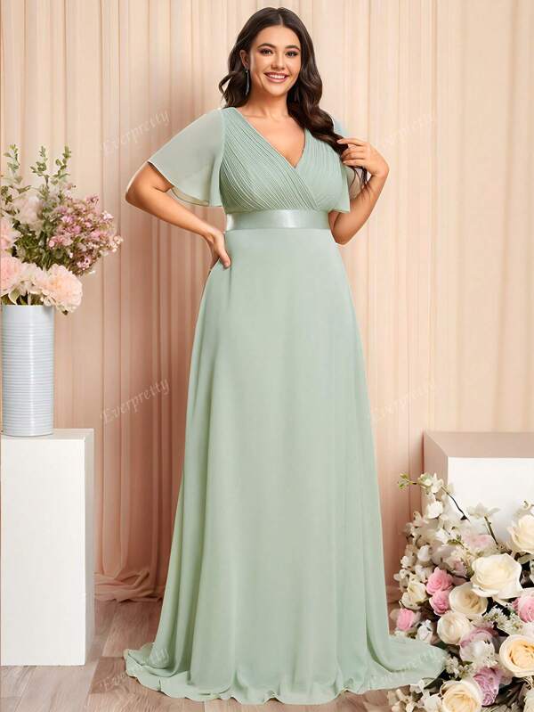EVER-PRETTY Vestido de dama de honor verde salvia elegante con cuello en V y drapeado, talla grande, para primavera