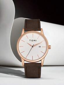 1pc TOMI Zinc Alloy Strap Quartz Watch For Men, Simple Design Suitable For Everyday Wear - Brown - View 1