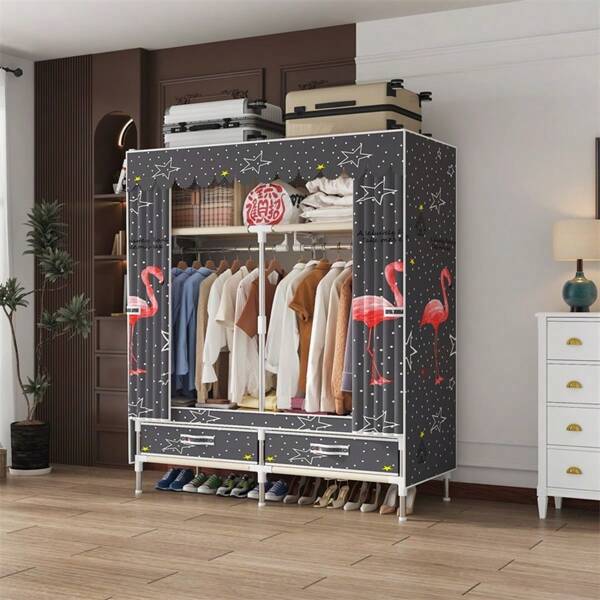 Einfacher Kleiderschrank mit Stahlrahmen, stabiler und langanhaltend Stoff, 2 Schubladen, 4 Aufbewahrungsregale, 2 Kleiderstangen, geeignet für kleine Wohnungen, Mietwohnungen und Schlafzimmernutzung