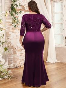 Plus V-Neck Sequin Floral Lace Contrast Ruched Ruffle Trim Satin Mermaid Hem Evening Party Dress, Formal Gown, Winter Dress, Valentine Day Dress, For Wedding Guest, Graduation, Dinner - Maroon - View 3