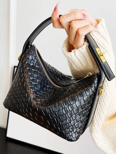 1 pezzo Borsa da donna in stile semplice e versatile, in colore unito, realizzata in pelle PU con motivo intrecciato a finta pelle di serpente