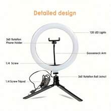 1 pièce Anneau de lumière LED 10" variable avec température de couleur réglable - Éclairage de studio alimenté par USB avec 120 LED, cou de cygne 360° rotative, trépied et support pour téléphone pour la vidéoblogue, la photographie et la diffusion en direct. Convient pour la photographie, l'enregistrement vidéo, la diffusion en direct, les réunions Zoom, avec un support pour l'éclairage de selfie