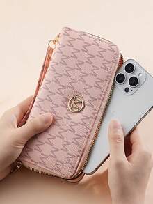 New Vintage Fashion Print Women Wallet Korean Style Zipper Long Ladies Phone Purse Fashionable Handbag Card Holder For Women Wallet Mini Wallet Purse Wallet Long Wallet Wristlet Wallet Wallet - Pink - View 5