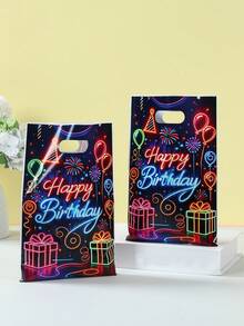10/25/50 件荧光生日风格礼品袋手提包，荧光生日快乐图案礼品手提包，生日派对礼品包装用品包装礼品袋，家居装饰房间装饰厨房用品包装袋，宝贝淋浴礼品袋装饰，生日派对礼品袋，适用于精品店产品包装 - 生日螢光 - 查看 3