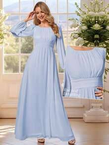 EVERPRETTY Elegant Chiffon Round Neck Lantern Sleeve Baby Blue Bridesmaid Dress Wedding Guest Gown For Wedding - Baby Blue - View 1