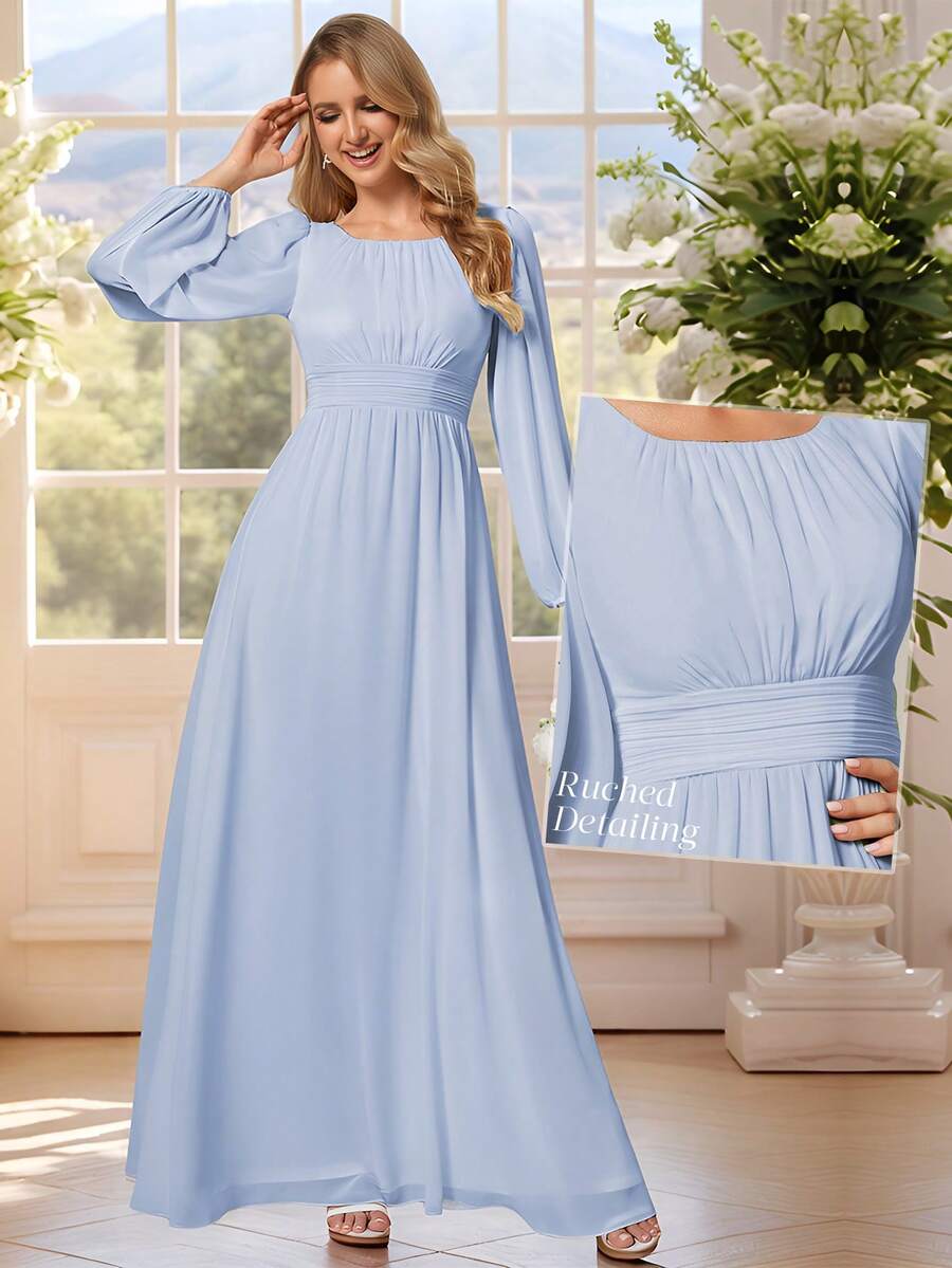 EVERPRETTY Elegant Chiffon Round Neck Lantern Sleeve Baby Blue Bridesmaid Dress Wedding Guest Gown For Wedding - Baby Blue - View 1