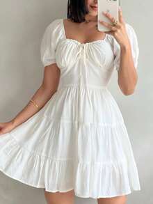 Women Summer Dress New Design Bust Detail Waist Cincher Multi-Layer Ruffle Hem Solid White Vacation Dress - White - View 1