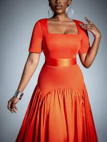 Damen Kleid mit quadratischem Ausschnitt und kurzen Ärmeln, eleganter fließender Stil - raffinierter Frühlings- und Sommerstil für Hochzeiten, Gartenpartys, formelle Anlässe, gehobene Abendessen, Partykleid, für Cocktails - Orange - Übersicht 8