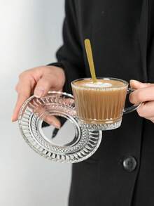 1pc Premium Glass Coffee Cup & Saucer Set, Creative Embossed Striped Textured Cup & Saucer, Elegant Afternoon Tea Cup & Saucer, Household Breakfast Milk Cup - Transparent - View 11