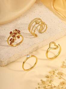 4pcs Stainless Steel Gold-Color Green Leaf & Heart Gemstone Rings Set, Suitable For Daily Wear Or Holiday Gift - Yellow Gold - View 2