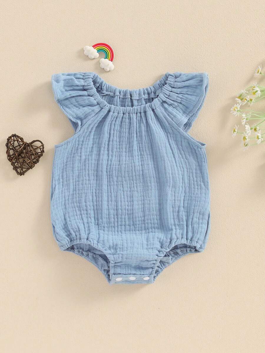 Baby Girl Boy Summer Cotton Linen Romper Clothes Basic Plain Ruffle Sleeveless Comfy Rompers Newborn Tops - 藍色 - 查看 1