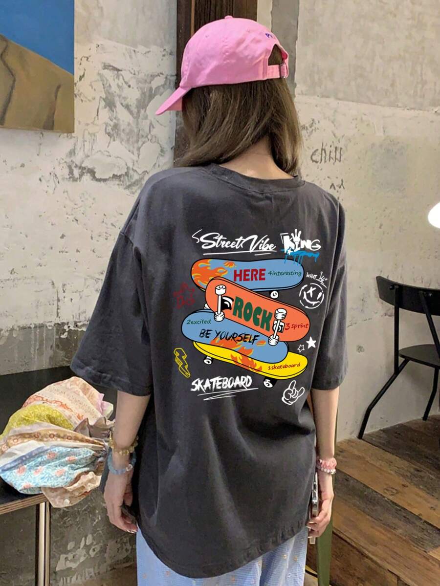 女士休闲宽松圆领滑板印花短袖棉质 T 恤，春夏 - 深灰色 - 查看 1