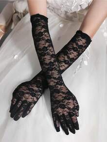 1 Pair Women Lace Embroidered Gloves, Suitable For Weddings, Parties, Halloween Wedding Valentine's Day Valentines