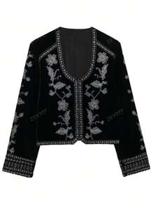 ZEVITY Women's Elegant Floral Embroidery Velvet Jacket, Autumn/Winter