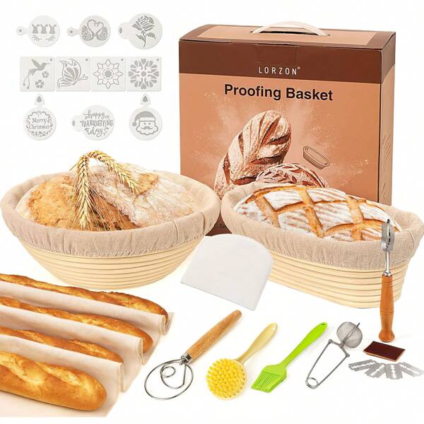 Gärkorb zum Brotbacken Bäckermesser Brotbackform Gärkörbchen Oval, 10 stück Backen Zubehör Brotkorb Teigschneider Gärfolie Brot Rattan, Oval 25 cm und Rund 22cm Innen mit Leinentuch