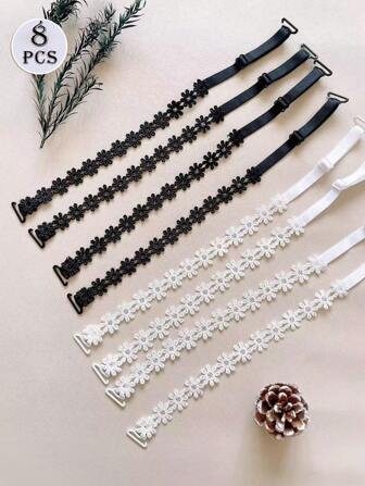 女士可调节蕾丝雏菊花卉图案文胸肩带，黑色、白色、多色