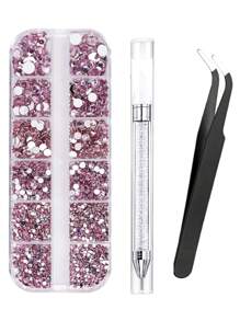 3PCS/Set Light Pink Nail Rhinestones And Gems 6Sizes Round & 12Grids Box Flat Rhinestones Kit With 1 Tweezer And 1 Pen For Nail Art Supplies And Accessories