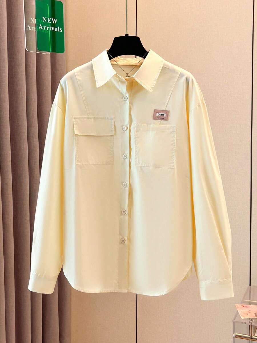 Cream Yellow Women Shacket, Suitable For All Seasons, Pocketed Solid Color Casual Cardigan, Women Summer Tops - Yellow - View 1