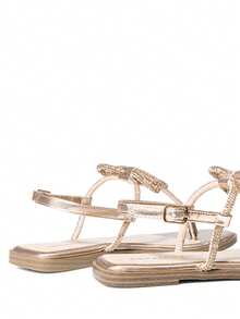 Women Bowknot Thong Sandals Rhinestone Flat Sandals Summer With Adjustable Buckle Vacation Sandals Shoes - Rose Gold - View 9