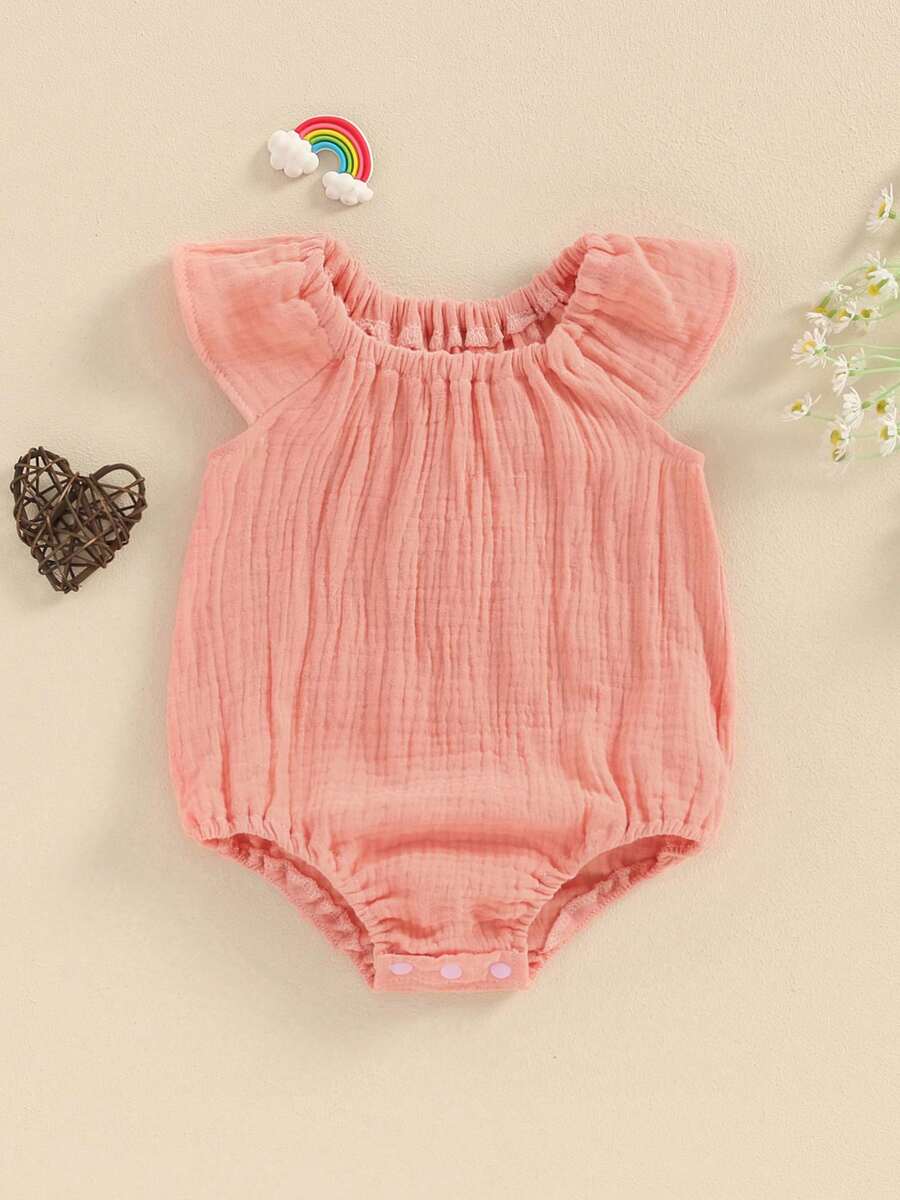 Ropa de bebé niña y niño de verano de algodón y lino - Pelele básico liso con volantes sin mangas, cómodo pelele para recién nacidos - Rosa - Ver 1