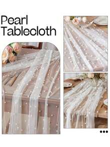 2pcs/1pc Faux Pearl Decor Table Runner, Wedding White Pearl Tulle Tablecloth, Wedding Decor Nylon Mesh Fabric, Pearl Hollow Out Mesh Fabric, Suitable For Wedding Arch Decor, Reception, Bridal Shower, Party Decor, Chair Sash, Event Backdrop