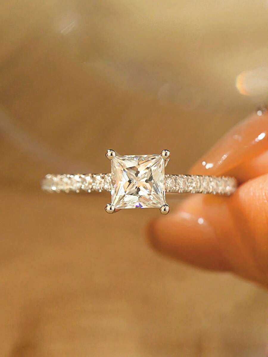 Luxury S925 Sterling Silver Square Cubic Zirconia Rings, Suitable For Wedding, Party, Daily Wear, Engagement Gift - Random Box Style - Silver - View 1