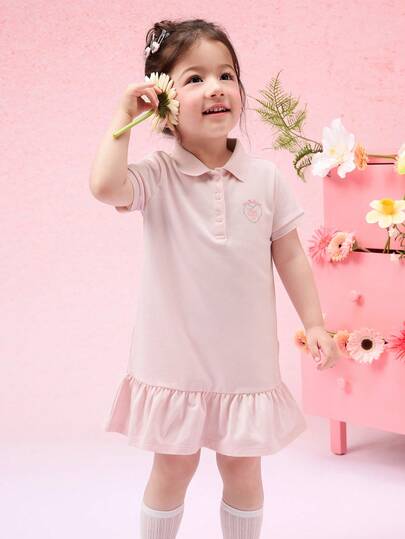Balabala Girls' Polo Collar Embroidered Dress, Collegiate Style For Summer