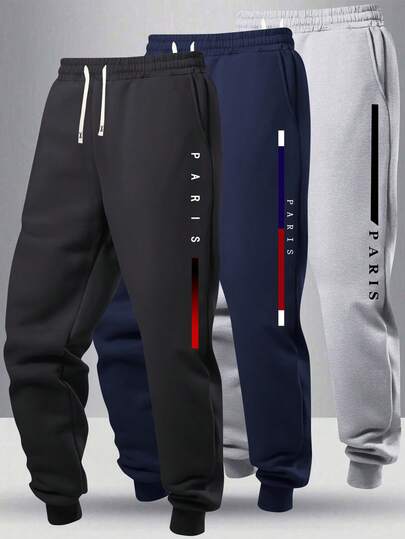 3 Pieces Set PARIS Letter Print Gradient Stripe Joggers Men's Casual Sporty Sweatpants Outdoor Streetwear Lounge Pants
