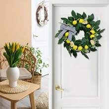 22" Lemon Wreath With Eucalyptus & Bowknot - Vibrant Spring/Summer Home Decor For Front Door, Wedding, Party, Indoor/Outdoor Use - Plastic Material, No Feathers, Classic Style