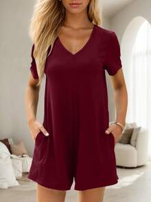 tooluck Women's Summer Casual Rompers Short Sleeve V Neck Loose Fit Jumpsuit 2025 One Piece Jumps - Burgundy - View 4