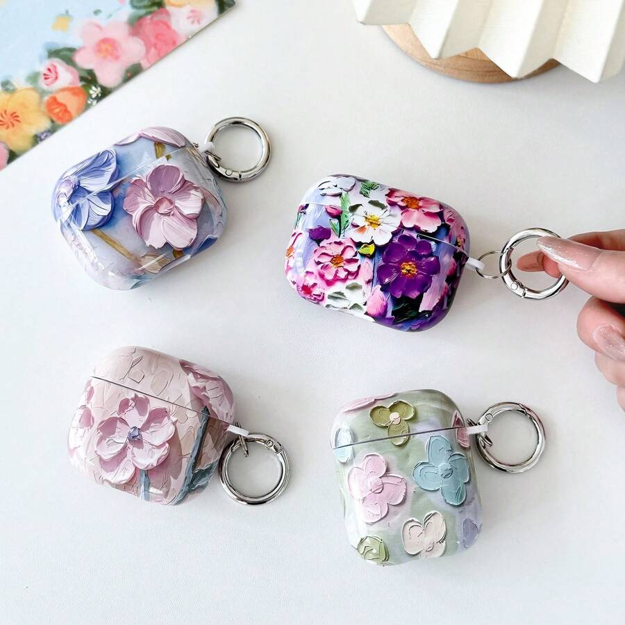 1pac Flower Case For AirPodsCase Cover, Stylish Soft Silicone Protector With Keychain, Compatible With Apple AirPods1st/2nd/3/4/Pro/Pro2 Generation Charging Case - Multicolor - View 1