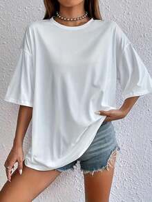 Señoras De La Moda Casual Cuello Redondo Manga Corta Sólido Color Camiseta, Primavera, Verano Y Otoño Señoras Tops, Negro, Blanco Señoras Tops Camiseta, Adecuado Para El Ocio Diario, El Trabajo Y El Deporte - Blanco - Ver 4