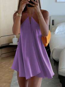 Vestito corto da donna con scollo a V profondo, spalline sottili, schiena scoperta, linea ad A, balze sul fondo, adatto per vacanze, strada e stile tropicale, primavera/estate