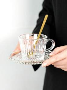 1pc Premium Glass Coffee Cup & Saucer Set, Creative Embossed Striped Textured Cup & Saucer, Elegant Afternoon Tea Cup & Saucer, Household Breakfast Milk Cup - Transparent - View 15