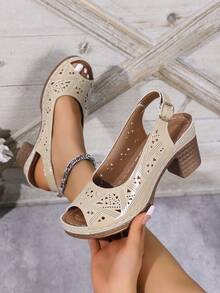 Fashionable & Versatile Breathable Peep-Toe Strap High Heel Sandals, Comfortable Laser Print Design, Suitable For Summer - Apricot - View 6
