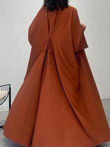 Long Sleeve Woven Fabric Abaya, With Open Collar And Slit Details, Elegant Women's Long Jalabiya, Saudi National Day - Orange - View 4