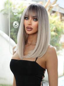 Peruca de 14 polegadas, Peruca de Cabelo Sintético com Gradiente Rosa para Mulheres, Cabelo Médio Liso com Franja, Adequada para Uso Diário, Festa, Festa, Férias, Natural, Elegante, Romântica, Sexy, Simples