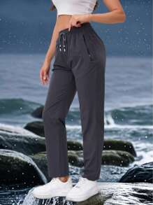 Pantalon de randonnée outdoor léger et respirant pour femmes, taille haute avec cordon de serrage, taille élastique, double poche zippée
