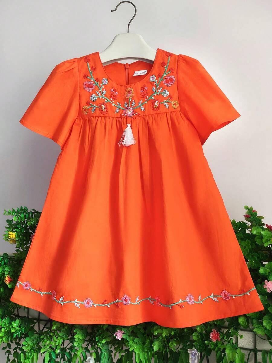 Đầm công chúa bằng cotton thêu hoa cho bé gái, kiểu dáng thường ngày, thích hợp cho tiệc tùng, trang phục mùa hè cho bé gái. - trái cam - Xem 1
