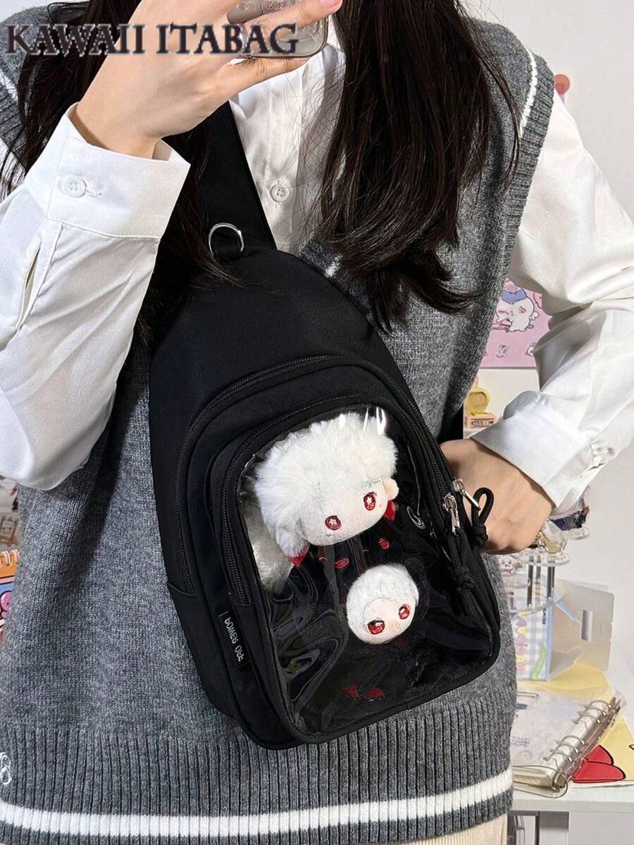 可爱洛丽塔女式卡哇伊日本大学生斜挎包学院风小尼龙背包透明 10CM 娃娃 Ita 包带徽章展示板新款纯色和手提包便携式单肩包女孩单肩包学校动漫漫画展包透明包女士胸包糖果色返校礼物女孩学校礼物 JK 制服包演唱会包 - 黑色 - 查看 1