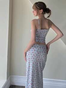 Summer European And American Style Ditsy Floral Bow Lace Trim Camisole Long Dress 2 Pieces Set, Vacation Casual Elegant